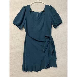 Dress Womens Medium Teal Faux Wrap Tie Ruffle Hem Puff Sleeve Square Neck Mini